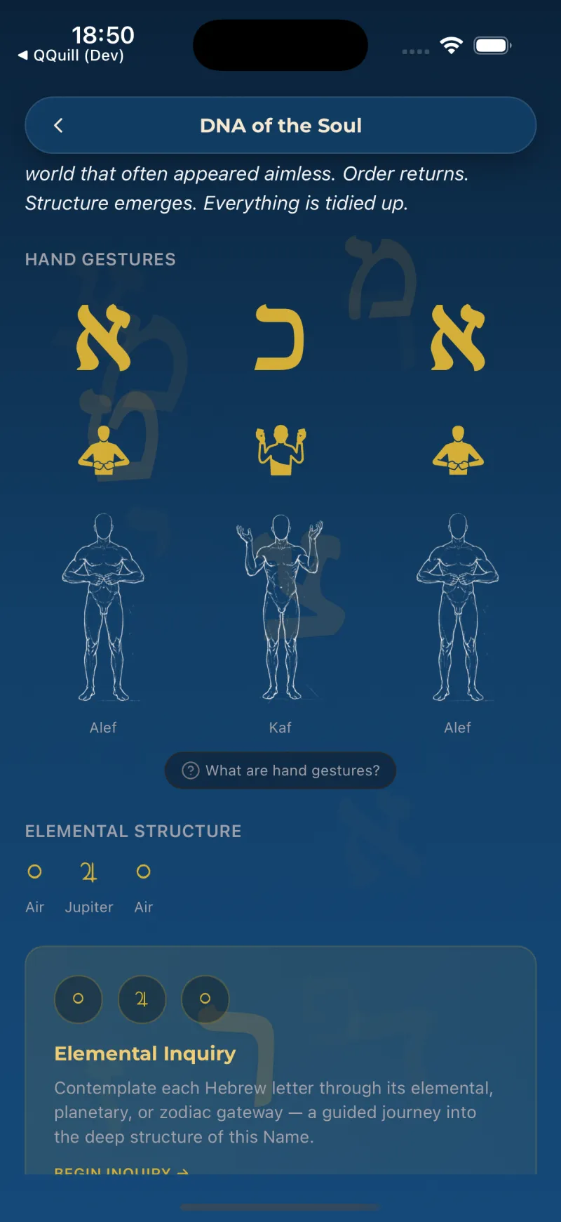 DNA of the Soul — hand gestures and elemental structure for each letter